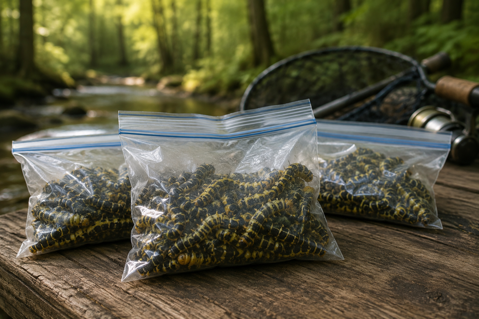 Bags of catalpa worms beside fishing gear